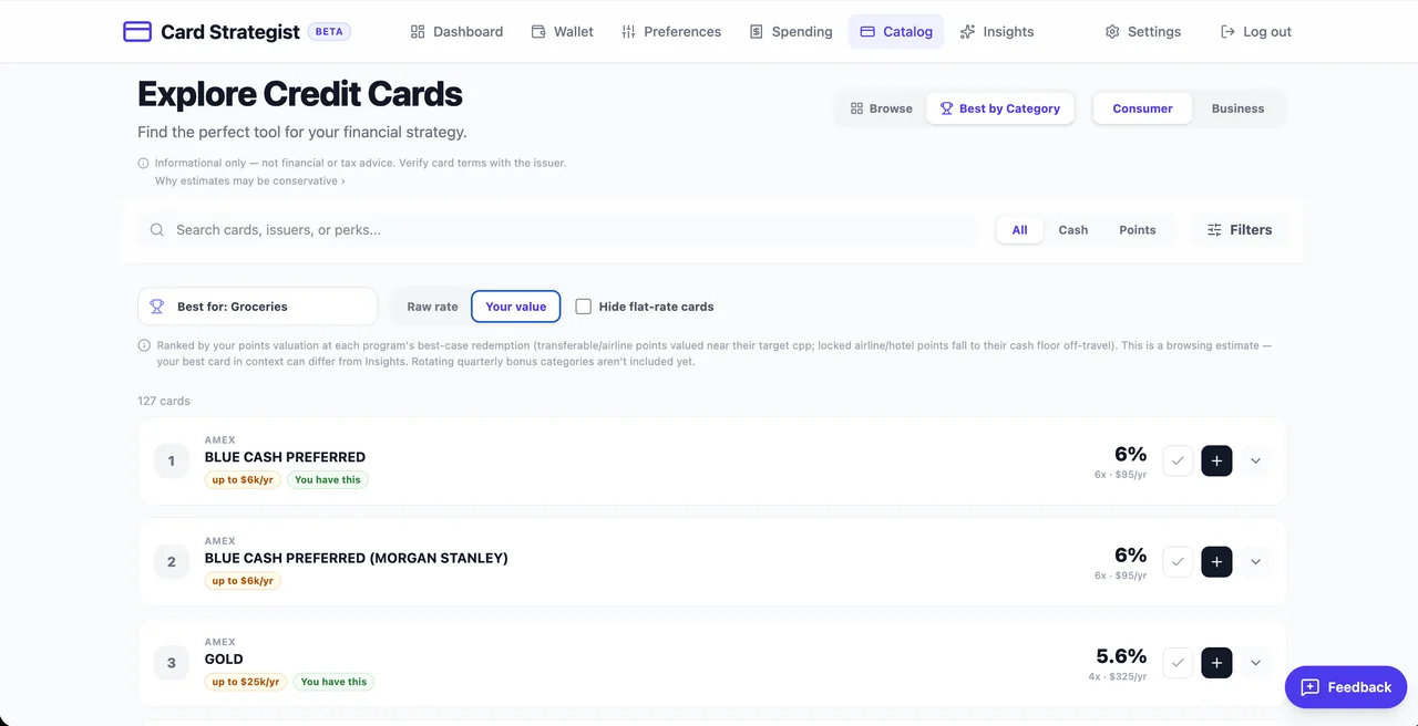 Card Strategist Catalog — cards ranked best-to-worst for a spending category