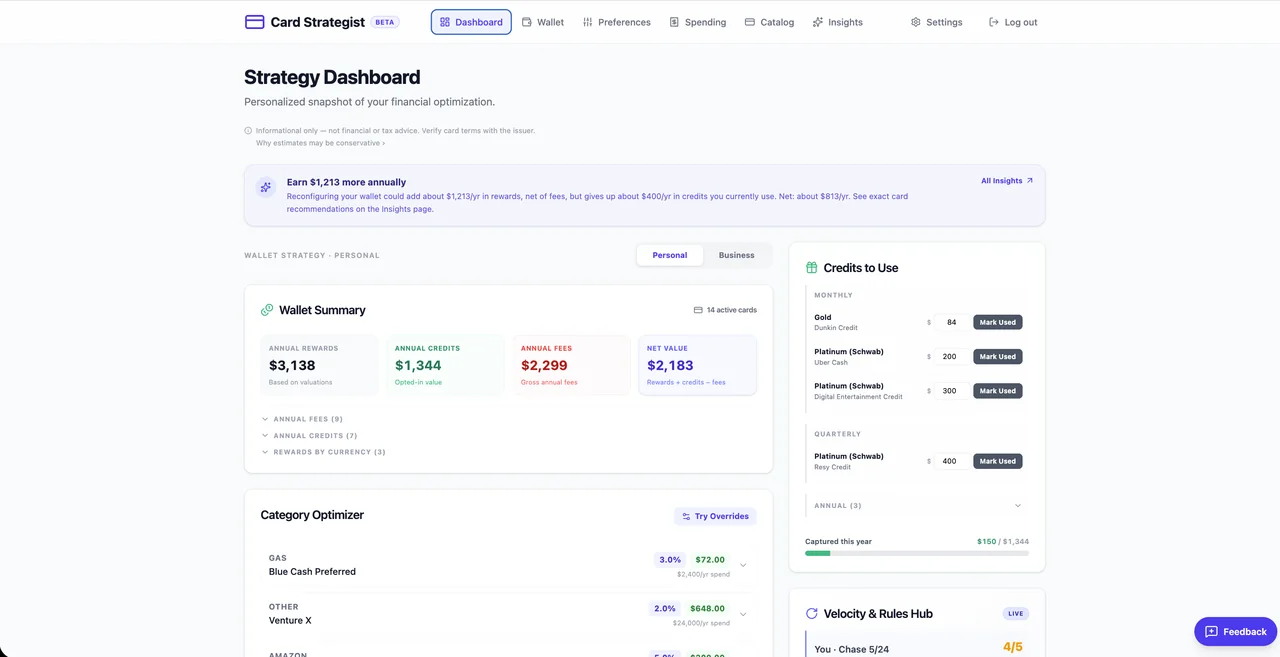 Card Strategist Dashboard — your optimized rewards strategy at a glance