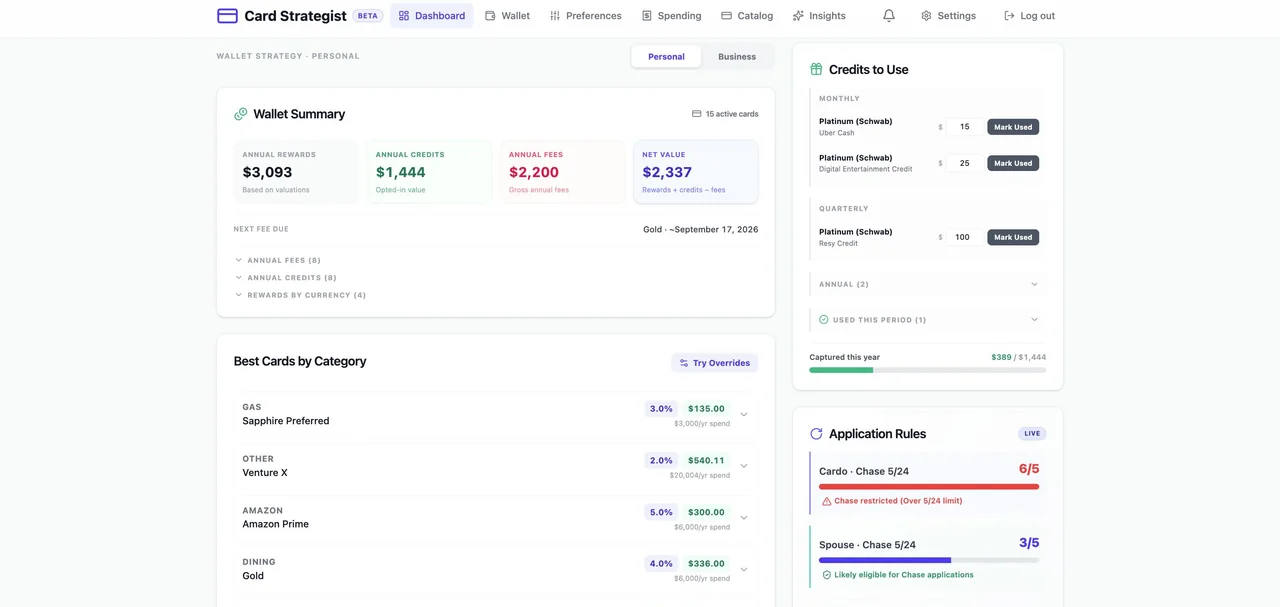Card Strategist Dashboard: optimized card-by-category picks, credits to use, and application-rule tracking