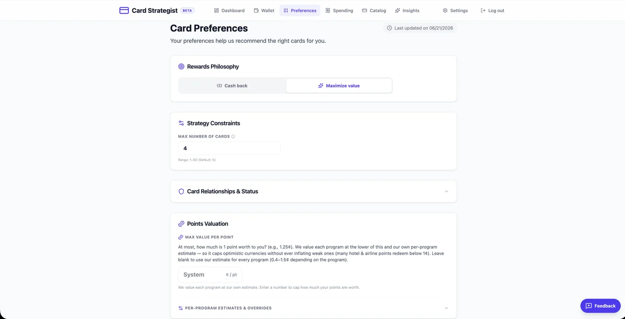 Card Strategist Preferences — cash back vs. maximize value, card limit, point values