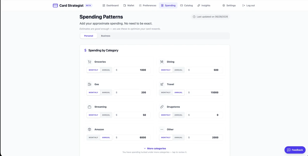 Card Strategist Spending — enter approximate spend by category
