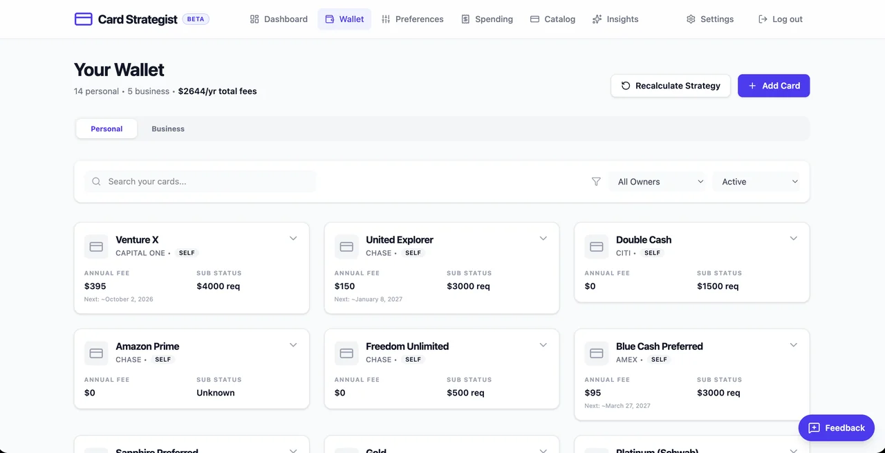 Card Strategist Wallet — the cards you hold, with fees and bonuses